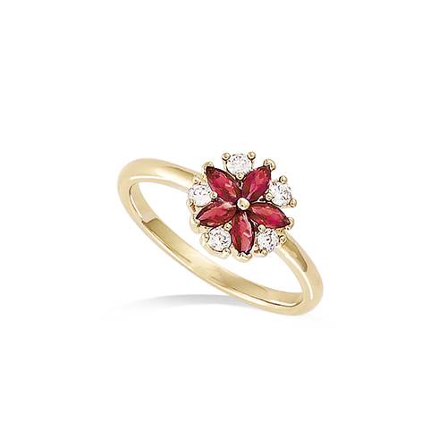 Bague fleur rouge rubis sertie griffes - Plaqué Or