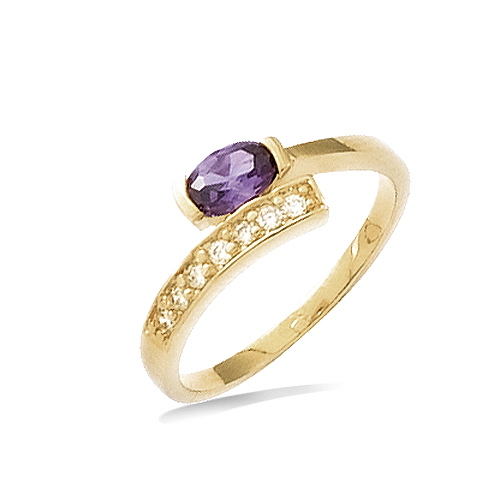 Bague ovale améthyste et oxydes blancs - Plaqué Or