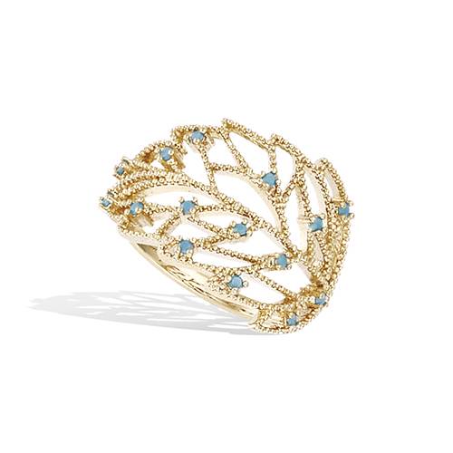 Bague feuillage turquoise synthétique - Plaqué Or