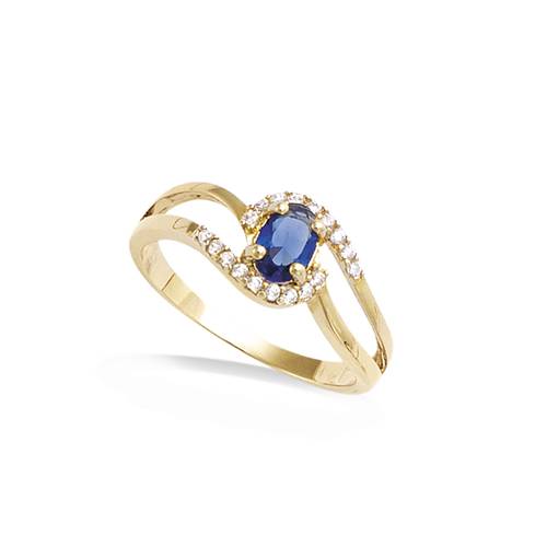 Bague ondulée saphir bleue entourée d'oxydes - Plaqué Or