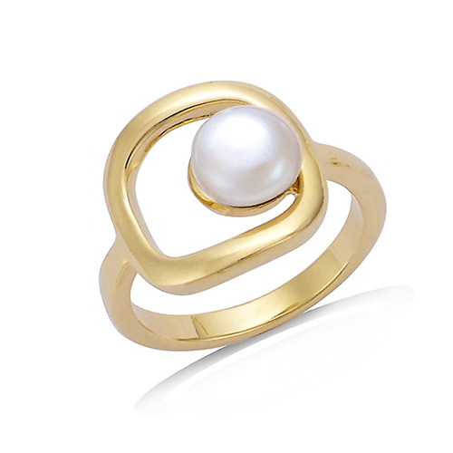 Bague rectangle arrondi perle d'eau douce - Plaqué Or