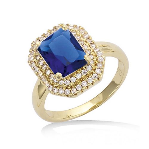 Bague rectangle saphir entourée d'oxydes blanc - Plaqué Or