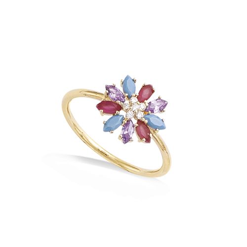 Bague fleur turquoise synthétique oxydes d'améthyste - Plaqué Or