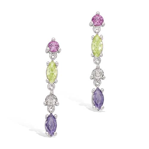Boucles d’oreilles pendantes multiformes fuchsia, vertes et améthystes - Argent 925