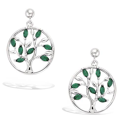 Boucles d'oreilles pendantes cercle arbre de vie vert émeraude - Argent 925