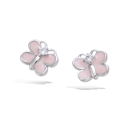 Boucles d’oreilles puces papillon rose zirconiums - Argent 925