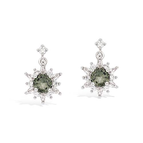 Boucles d’oreilles pendantes fleur smoky vert oxydes blancs - Argent 925