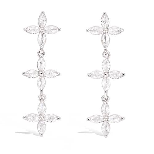 Boucles d’oreilles pendantes trio fleurs oxydes blancs - Argent 925
