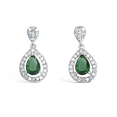 Boucles d’oreilles goutte en verre émeraude avec oxydes blancs - Argent 925