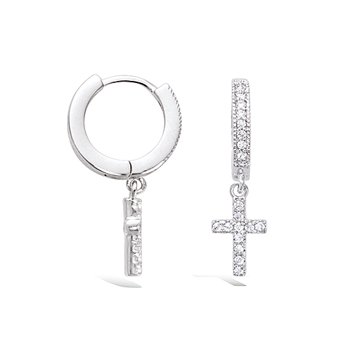 Boucles d’oreilles mini créoles pampille croix oxydes diamètre 12 mm - Argent 925