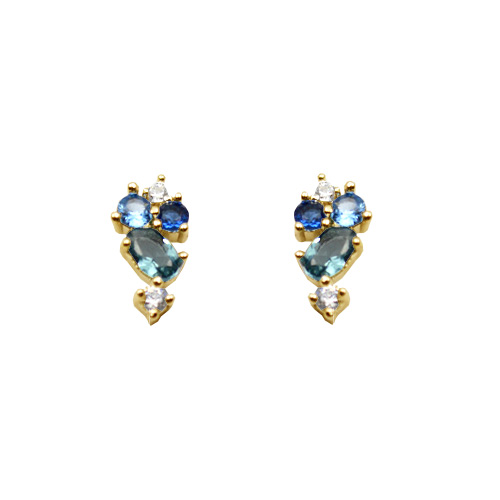 Boucles d’oreilles puces cluster bleu zirconiums diamètre 12 mm - Plaqué Or