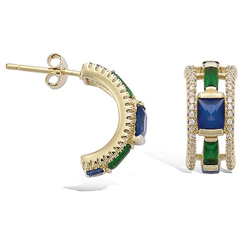 Boucles d’oreilles demi créoles géométriques émeraude et saphir - Plaqué Or