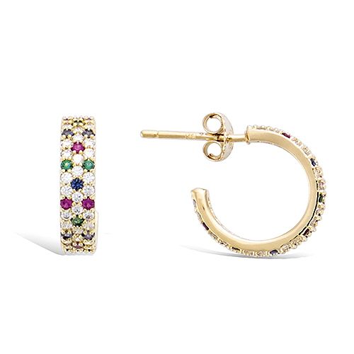 Boucles d’oreilles créoles plates avec pierres multicolores diamètre 15 mm - Plaqué Or