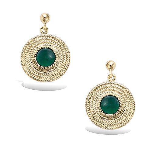 Boucles d’oreilles rondes texturées avec pierre verte - Plaqué Or