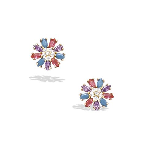 Boucles d’oreilles fleur turquoise et fuchsia diamètre 8 mm - Plaqué Or