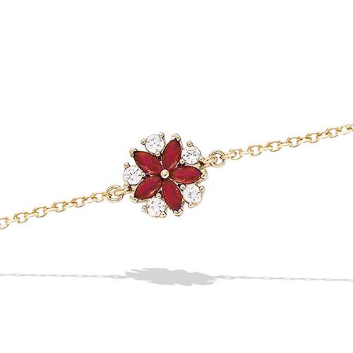 Bracelet fleur rouge rubis serti griffes - Plaqué Or