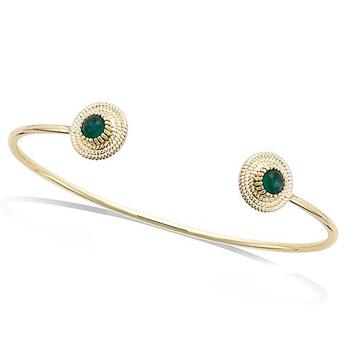 Bracelet jonc rond texture avec pierres vertes - Plaqué Or