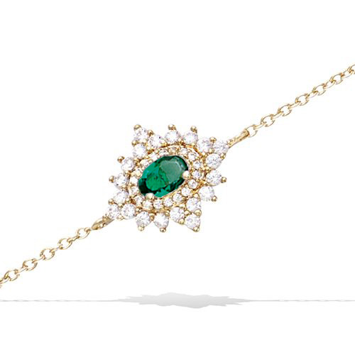 Bracelet ovale pierre verte entourée oxydes - Plaqué Or