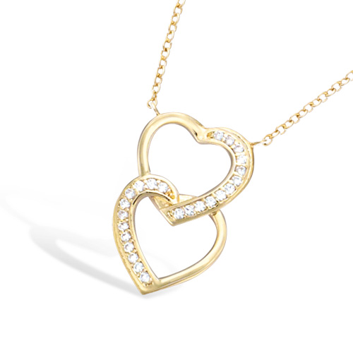 Collier double coeur oxydes blancs - Plaqué Or