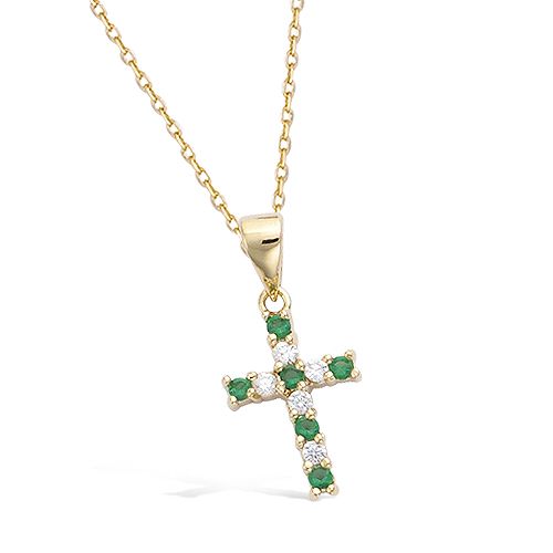 Pendentif croix émeraude oxydes blancs - Plaqué Or
