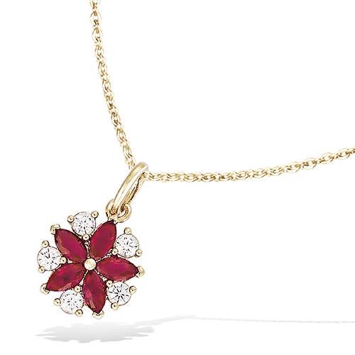 Pendentif fleur rouge rubis serti griffes - Plaqué Or