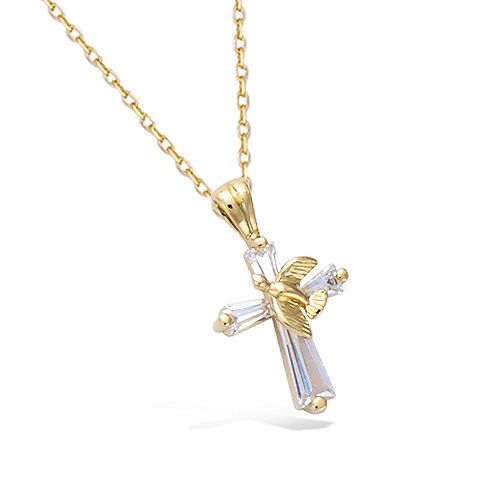 Pendentif croix avec colombe oxydes - Plaqué Or