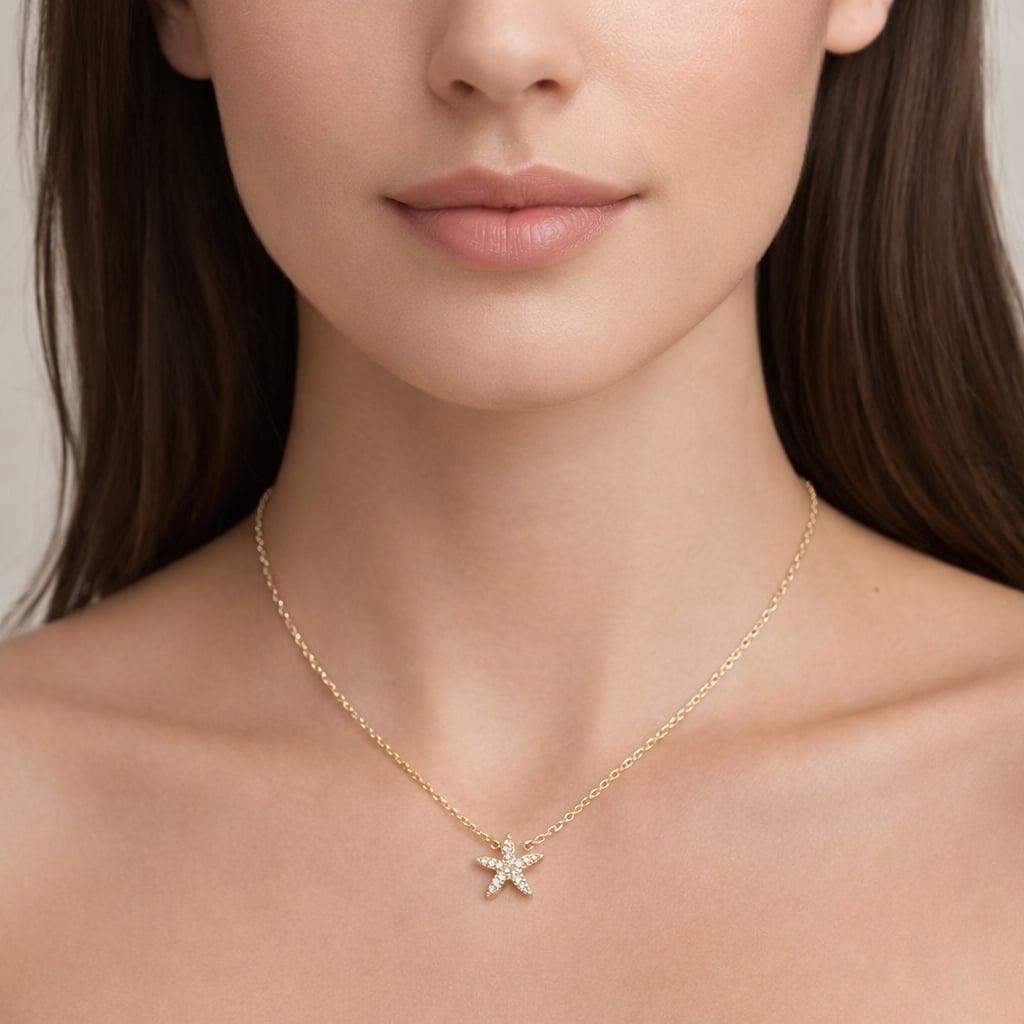 Collier étoile de mer oxydes blancs - Plaqué Or