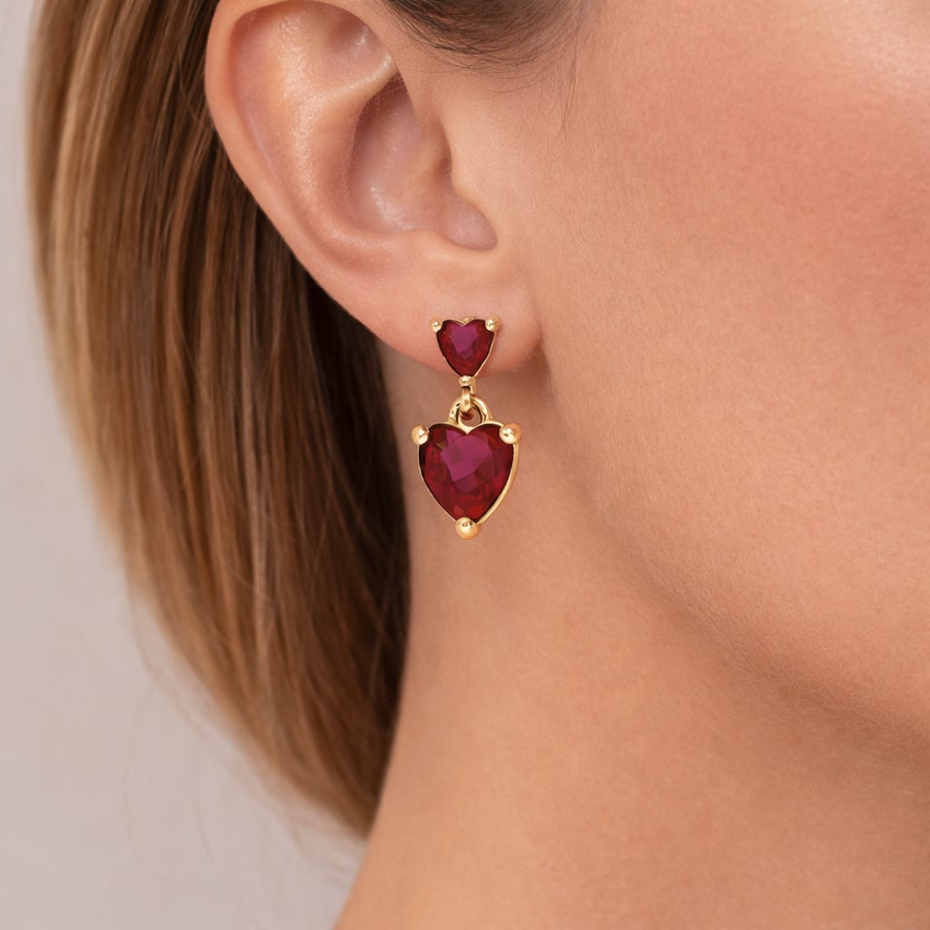 Boucles d’oreilles puces cœur duo rubis - Plaqué Or