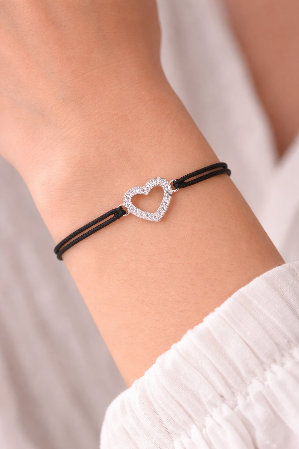 Bracelet cordon noir cœur oxydes - Argent 925